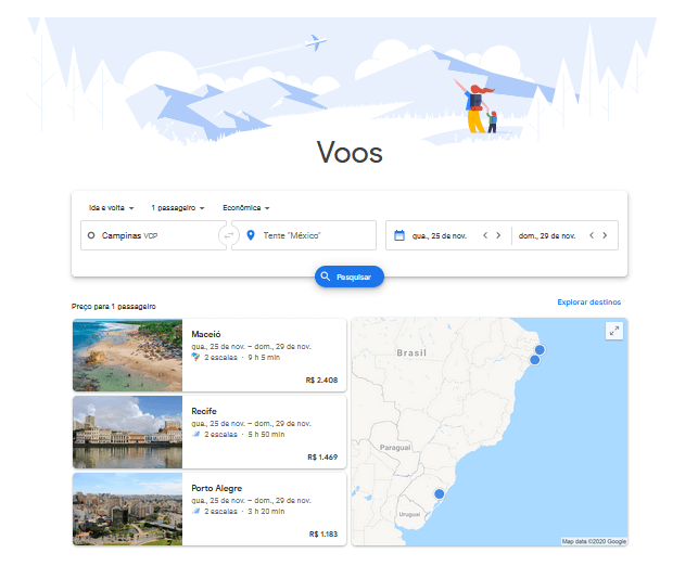 Página inicial do Google Flights