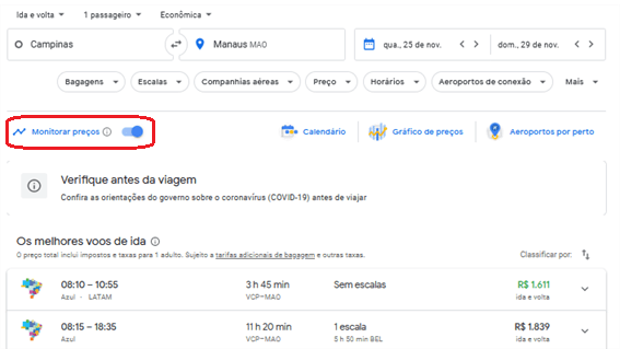 Alertas do Google Flights