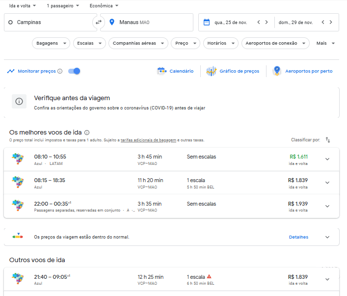 Tela de pesquisa do Google Flights